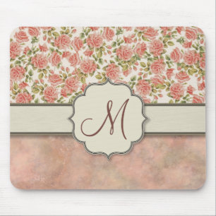 Antike rosa Rosen und Marmor mit Monogramm Mousepad