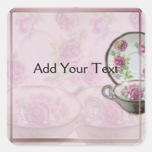 Antike rosa Rosenteetasse auf Mauve Quadratischer Aufkleber