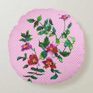 Antike rosa/weiße Rosen mit Punkten Rundes Kissen