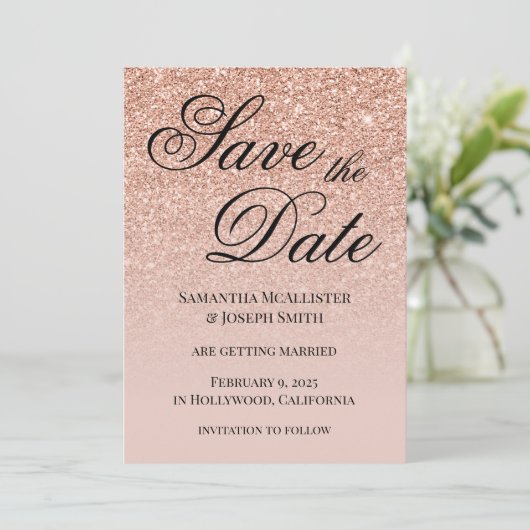 Antike Rose Gold Glitzer Farbe Save The Date (Stehend Vorderseite)