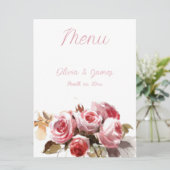 Antike Rose Hochzeitsempfang in Aquarell Rosa Menükarte (Stehend Vorderseite)