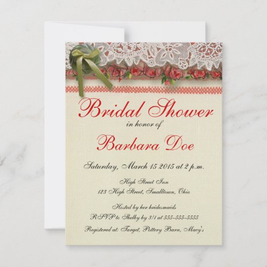 Antike Rose Rustikale rote Viktorianische Burlap Einladung (Vorderseite)