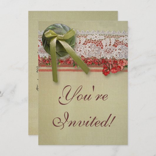 Antike Rose Rustikale rote Viktorianische Burlap Einladung (Vorne/Hinten)