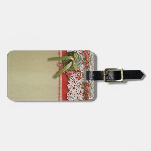 Antike Rose Rustikale rote Viktorianische Burlap Gepäckanhänger (Vorderseite horizontal)