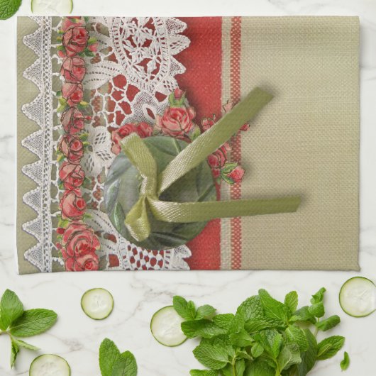 Antike Rose Rustikale rote Viktorianische Burlap Geschirrtuch (Gefaltet)