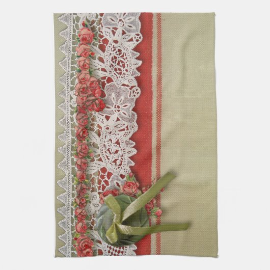Antike Rose Rustikale rote Viktorianische Burlap Geschirrtuch (Vertikal)