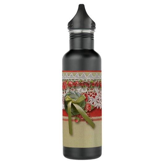 Antike Rose Rustikale rote Viktorianische Burlap Trinkflasche (Links)