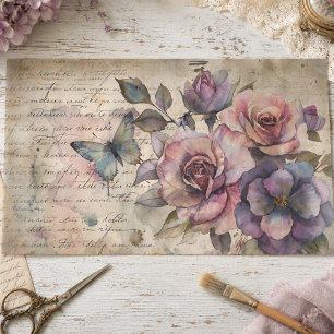 Antike Rose & Schmetterling auf altem Schriftdecou Seidenpapier