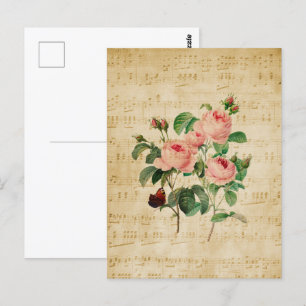 Antike Rose und Notenblatt Postkarte