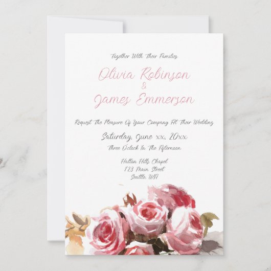 Antike Rose Wasserfarben Rosa Hochzeit Einladung (Vorderseite)