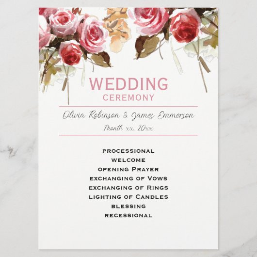 Antike Rose Wasserfarben Rosa Hochzeit Programm (Vorderseite)