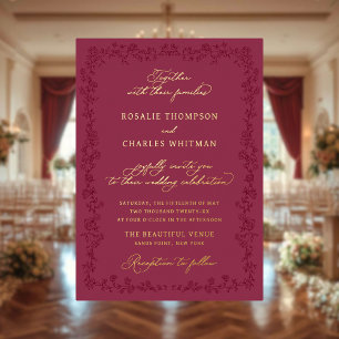 Antike Rosen Burgund Floral Rahmen Hochzeit Folieneinladung