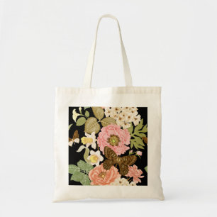 Antike Rosen Pfingstrosen: Schwarzes Blumenmuster Tragetasche