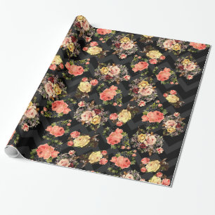 Antike Rosen Schwarzes Chevron-Muster Floral Geschenkpapier