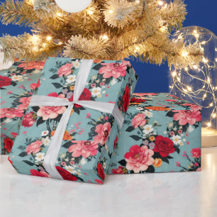 Antike Rosen und Blumen auf blauem Hintergrund Geschenkpapier