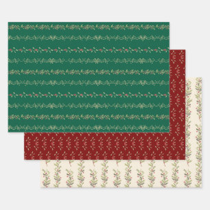 Antike rote Beeren-Girlande Botanischer Weihnachts Geschenkpapier Set