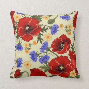 antike rote Mohn- und blaue Blumenkissen Kissen