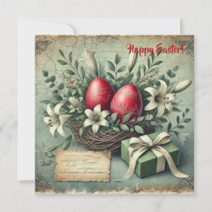 Antike rote Ostereier Lilienblumen Retrodesign Feiertagskarte