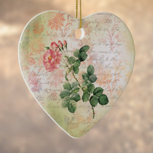 Antike rote Rose auf rosa Damast mit Handschrift Keramik Ornament
