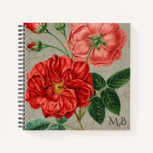 Antike rote Rose-Kunst auf grauem Monogramm Notizblock