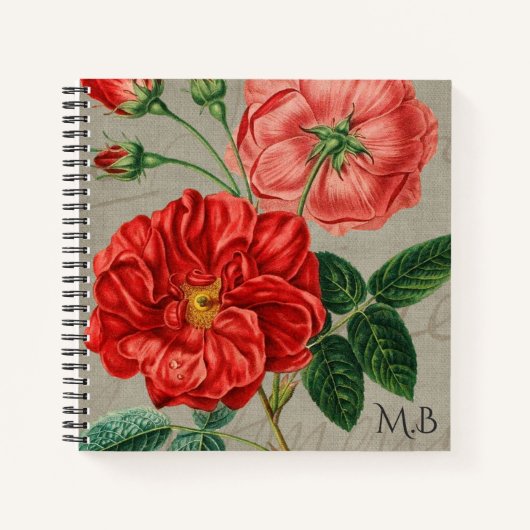 Antike rote Rose-Kunst auf grauem Monogramm Notizblock (Vorderseite)