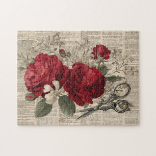 Antike rote Rose und Schere Botanischer Collage Puzzle