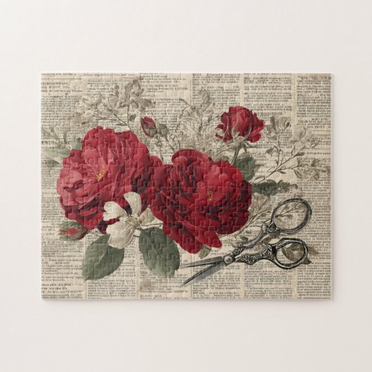 Antike rote Rose und Schere Botanischer Collage Puzzle (Horizontal)