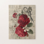 Antike rote Rose und Schere Botanischer Collage Puzzle (Vertikal)