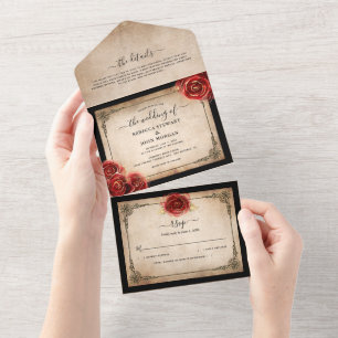 Antike rote Rosen Gold-Schwarz-Pergament-Hochzeit All In One Einladung