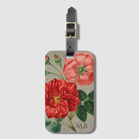Antike rote Rosenkunst auf grauem Monogramm Gepäckanhänger (Vorderseite Vertikal)