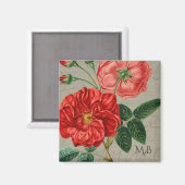 Antike rote Rosenkunst auf grauem Monogramm Magnet (Vorderseite/Rückseite)