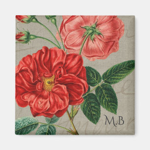 Antike rote Rosenkunst auf grauem Monogramm Magnet