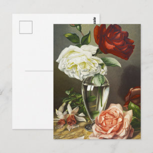 Antike rote weiße rosa Rosen in Glasvase Kunst Postkarte