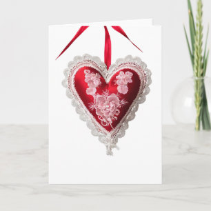 Antike rote weiße Spitzen Valentinstag Herzkarte Karte