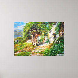 Antike Ruinen mit sonnenbeleuchtetem Baum - Ölgemä Leinwanddruck