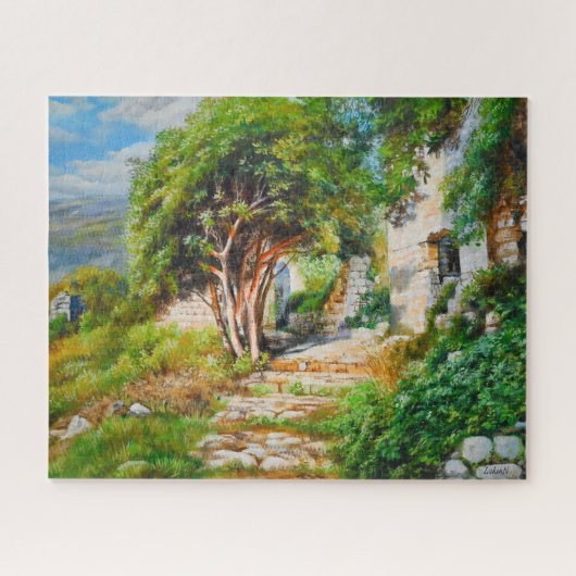 Antike Ruinen mit sonnenbeleuchtetem Baum - Ölgemä Puzzle (Horizontal)