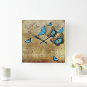 Antike rustikale Dekoration N Blaue Schmetterlinge Quadratische Wanduhr (Zuhause)