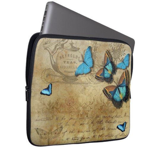 Antike rustikale Dekoration und blaue Schmetterlin Laptopschutzhülle (Vorne Rechts)