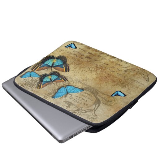 Antike rustikale Dekoration und blaue Schmetterlin Laptopschutzhülle (Vorne Knopf)