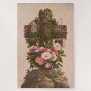 Antike rustikale Kreuz, Wilde Rosen, Osterkarte, Puzzle