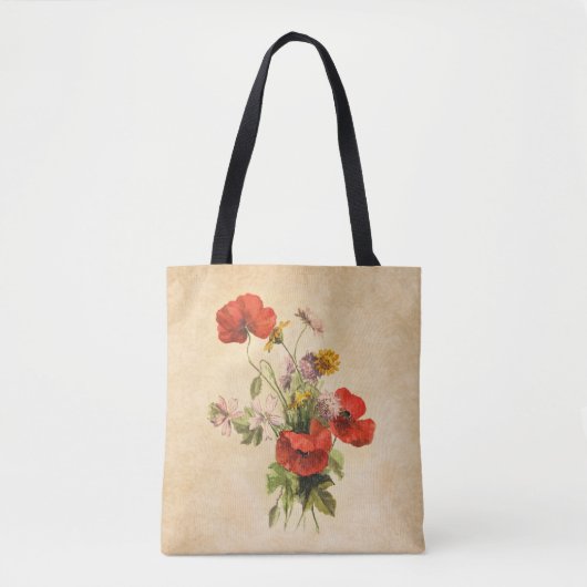 Antike rustikale rote Mohnblumen wilde Blumen Beig Tasche (Vorderseite)