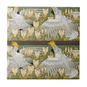 Antike Sage-Grün-Cockatoo-Papageien-Magnolien-Kuns Fliese