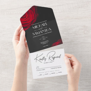 Antike scharlachrote Rosenblüten-Hochzeit All In One Einladung