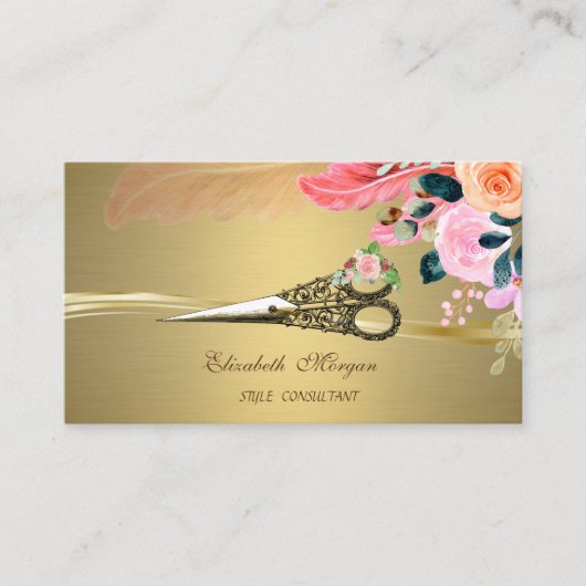 Antike Schere Blumen Feder Faux Gold  Visitenkarte (Vorderseite)