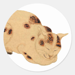Antike Schlafkatze Japanischer Holzblock Ukiyo-e Runder Aufkleber