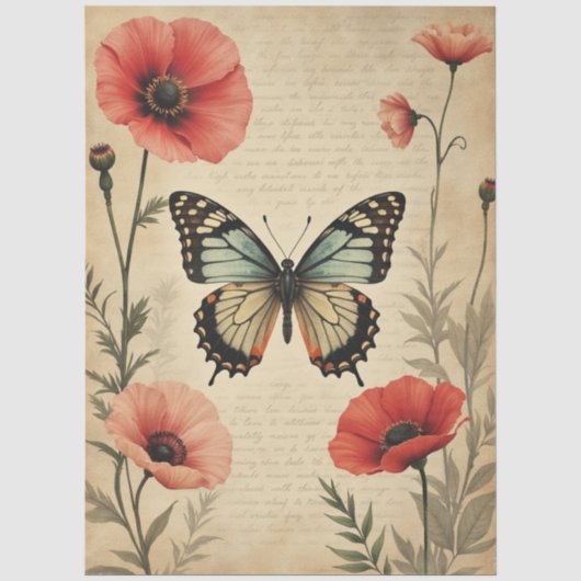 Antike Schmetterlings-Mohn-Blumen-Möbel-Decoupage Seidenpapier (Vorderseite)