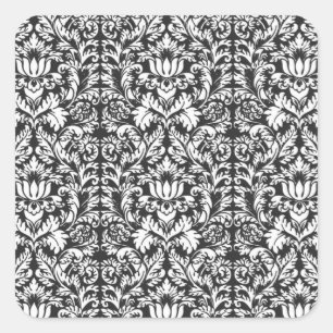 Antike Schwarz-Weiß-Damask-Lace-Brokat Quadratischer Aufkleber