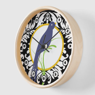 Antike Schwarz-Weiß-Damaskus-Schwarz-Gelb-Vogeluhr Wanduhr