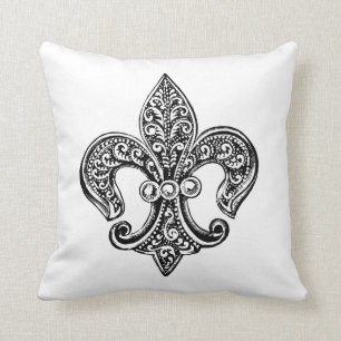Antike Schwarz-Weiß-Lace-Fleur-de-Lis Kissen
