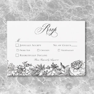 Antike Schwarz-Weiß-Tapete Florale Hochzeit RSVP Karte